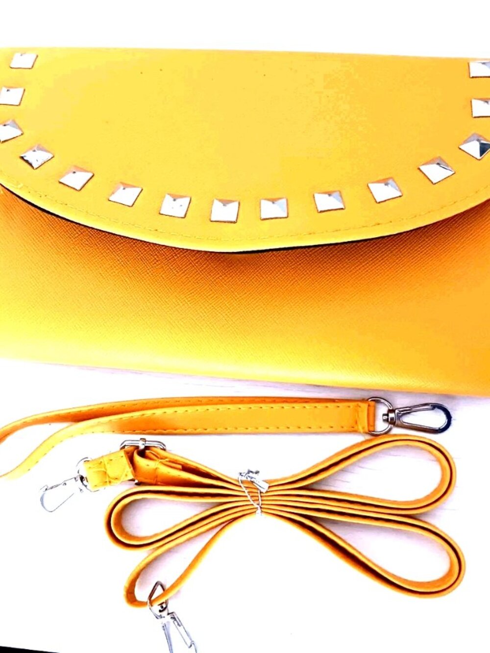 Multi Studded Yellow Long Wallet + Crossbody Strap + Keychain-Faux Leather